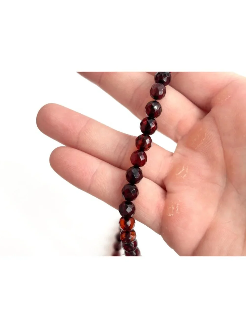 Round Faceted Round Cherry Amber Stone Vintage Beaded Art Deco Necklace - 17